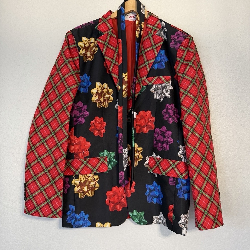 Christmas Blazer Men's Medium 38-40 Red Plaid Gift Bow Holiday Jacket W/ Tie